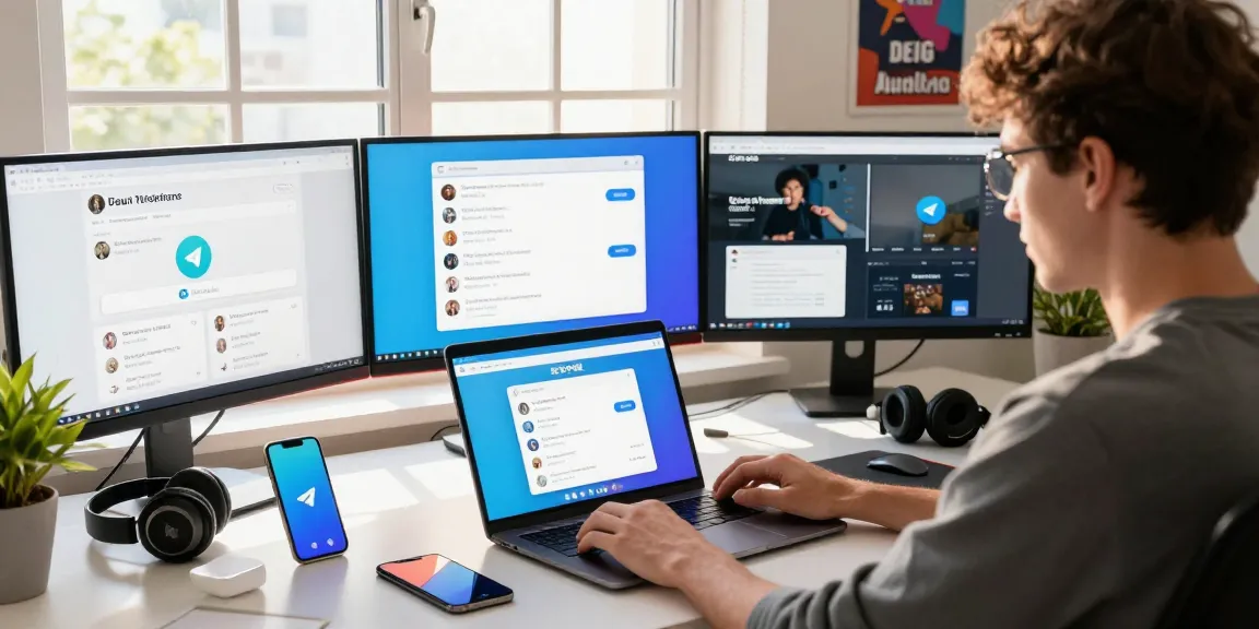 Young professional using the 纸飞机中文版 Telegram app in a modern tech workspace, showcasing productivity with multiple screens.