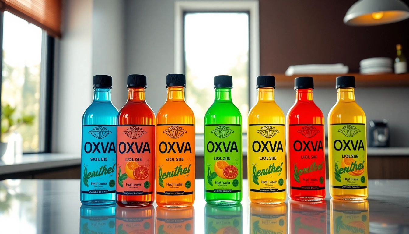 Genießen Sie Oxva Liquid mit verschiedenen aromatischen Flaschen auf einem modernen Tisch.