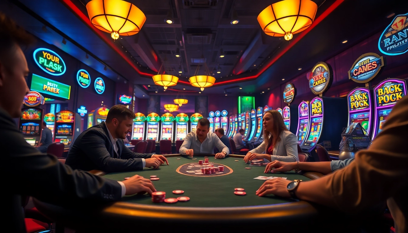 Menggambarkan suasana situs toto yang menyenangkan dengan pemain poker bersemangat di kasino.