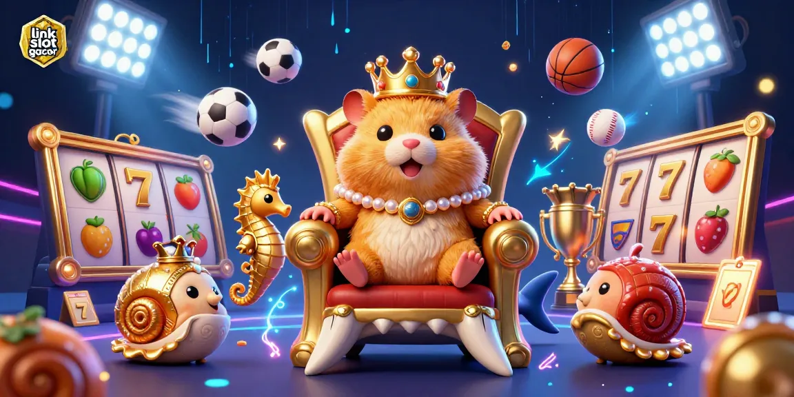 Engage with link slot gacor as a fierce golden hamster king takes a throne with vibrant slot symbols.