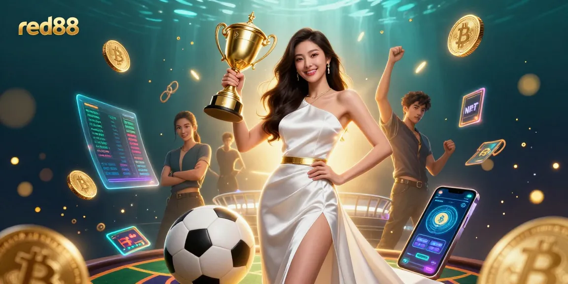 Experience thrilling sports betting at red88 with a victorious Asian woman holding a trophy in a dynamic casino scene.