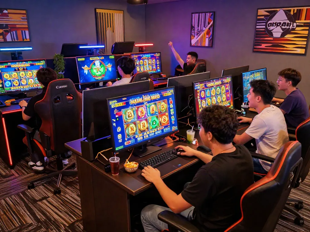 Players enjoying luxury12 slot games in a vibrant online gaming lounge atmosphere.