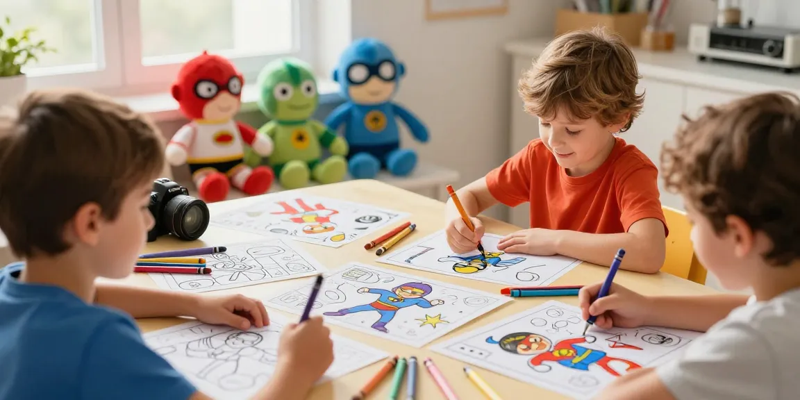 Kids coloring superhero coloring pages with bright colors and crayons