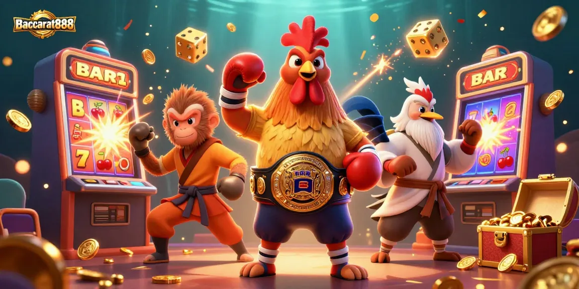 Baccarat888 showcases a vibrant casino scene with a Muay Thai rooster, martial artist monkey, and wise crane amidst jackpot slot machines and glowing game elements.