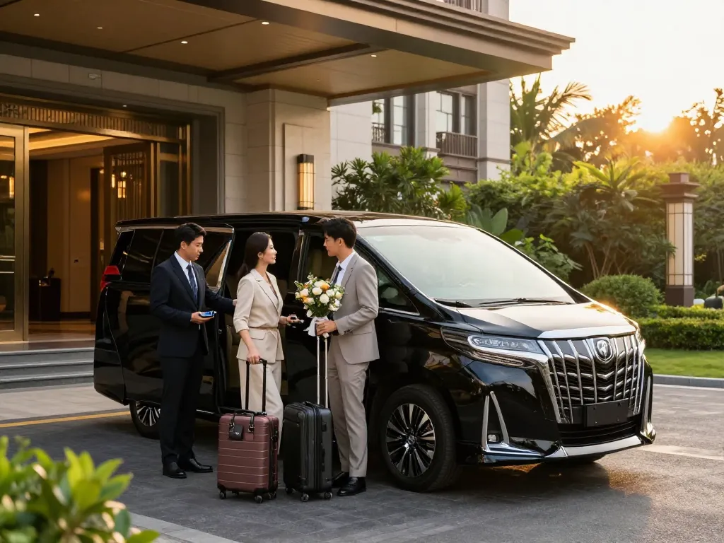 Dịch vụ cho thuê xe Toyota Alphard với tài xế chuyên nghiệp tại cổng khách sạn sang trọng, trải nghiệm du lịch thanh lịch