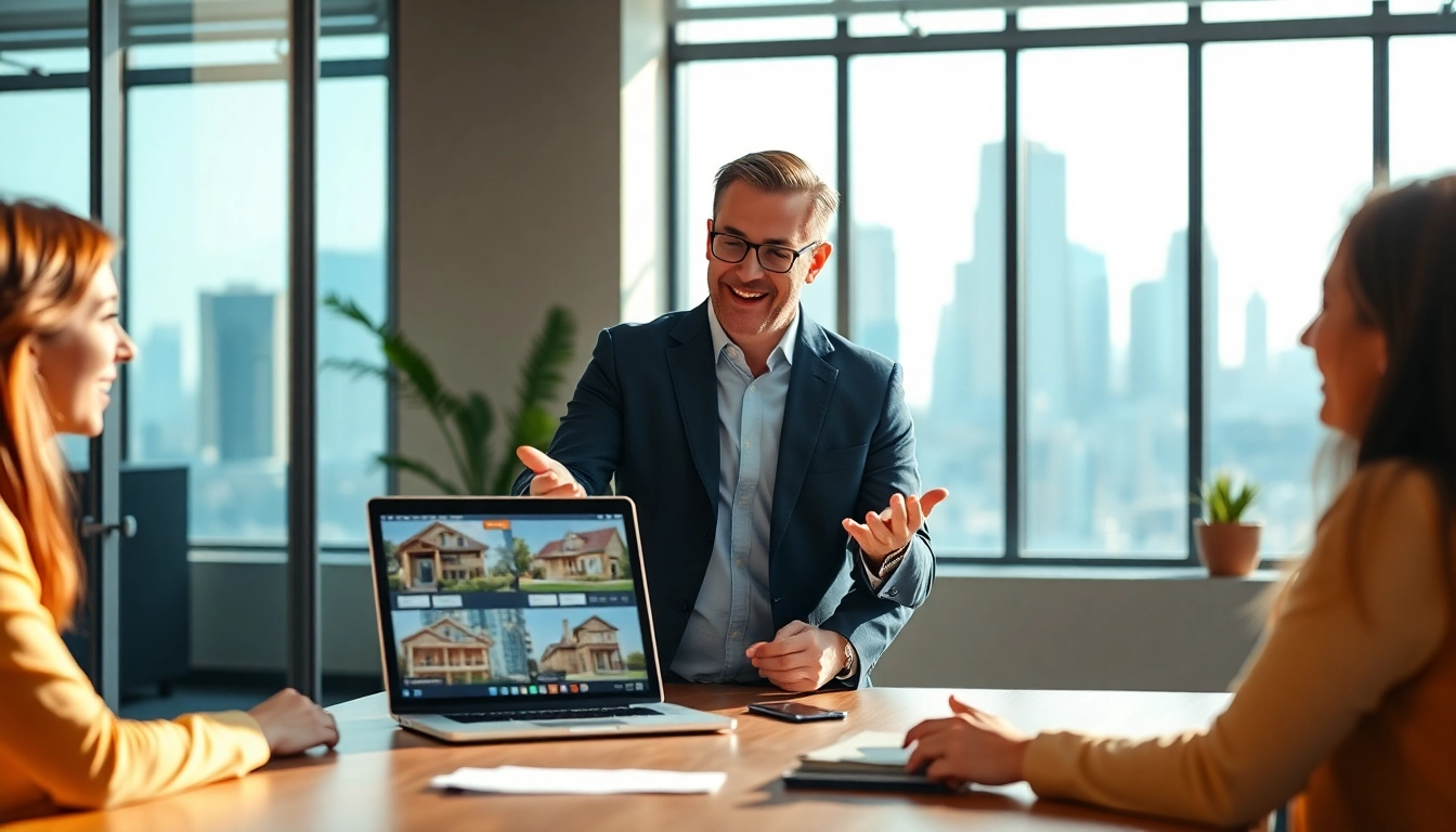 Real Estate agent assisting home buyers with engaging property listings and advice.