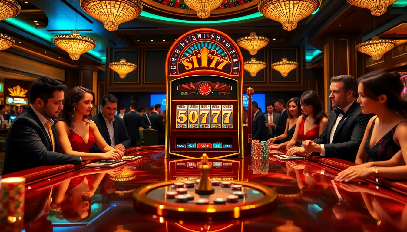 Engaging Slot777 players at an upscale casino with vibrant slot machines and betting action.
