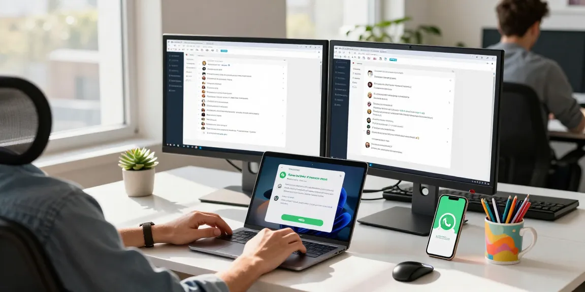 A user engaging with WhatsApp電腦版 on a modern desktop setup, showcasing productivity in a vibrant office environment.