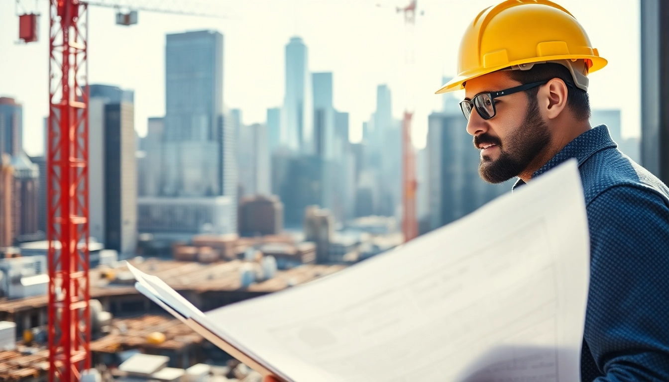 New York Construction Manager reviewing plans on a construction site in Manhattan.