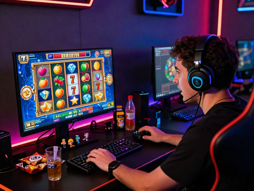 Engaged player at computer desk experiencing bandar slot gacor with vibrant game graphics and snacks.