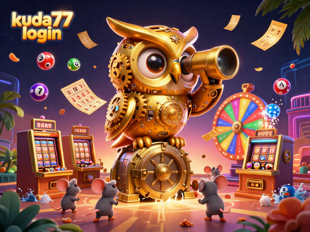 Slot online kuda77 login secara menarik dengan kucing emas dan bola lotere berwarna-warni.