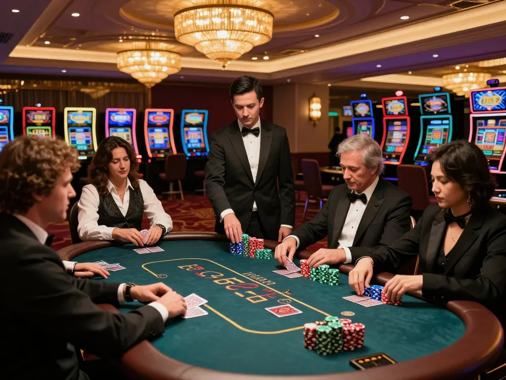 Players at a high-stakes poker table at MM88PC showcasing dynamic gameplay and vibrant casino atmosphere