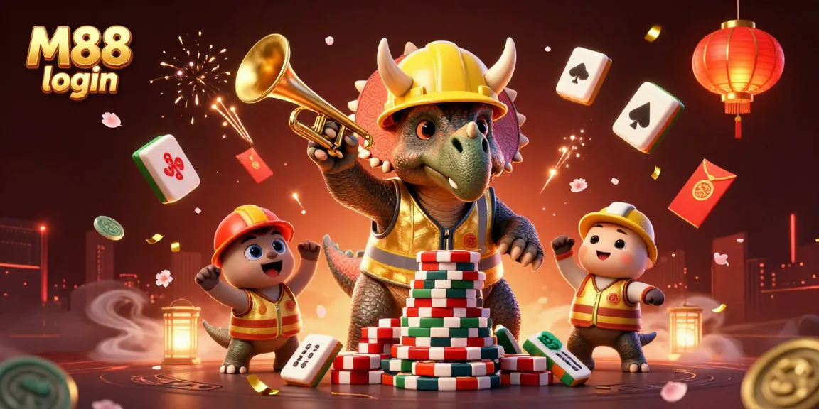 Experience M88 login with a vibrant scene showcasing a triceratops building a poker chip pyramid.