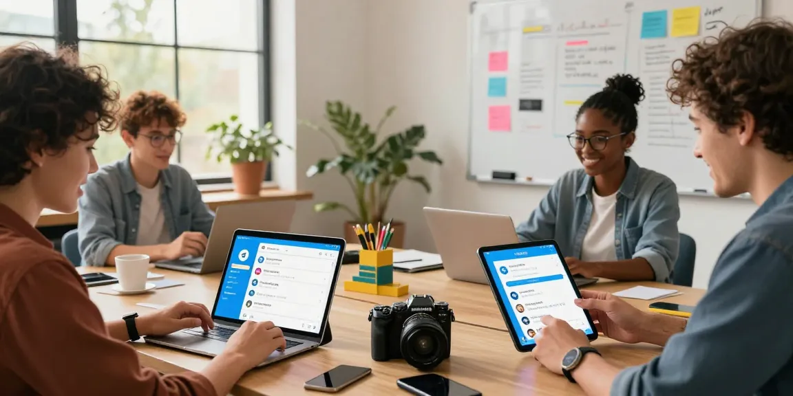Engaging scene of users customizing telegram中文 settings on various devices in a modern co-working space.
