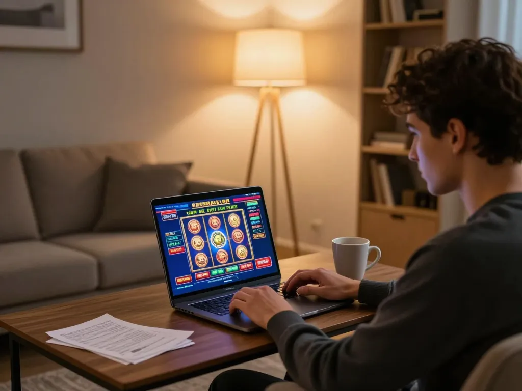 Engaging in online slot gaming with situs gacor displayed on the screen in a cozy living room.