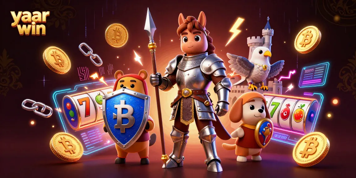 Experience the thrill of yaar win with a dynamic 3D casino scene featuring a medieval knight, a squire puppy, and cryptocurrency elements.