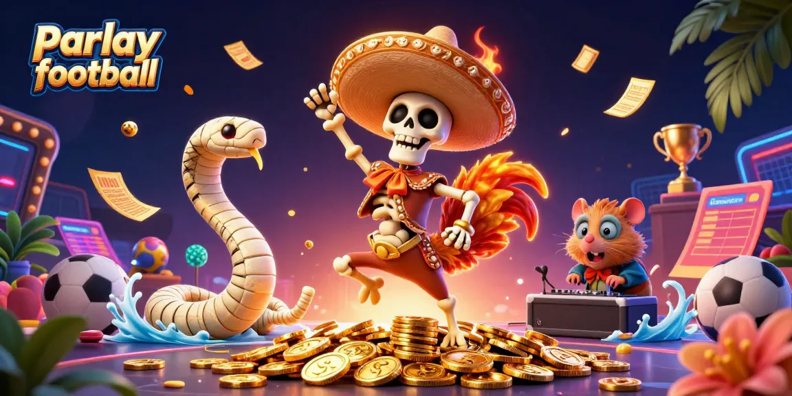 Experience thrilling parlay football action with a dynamic scene of vibrant characters and casino elements.