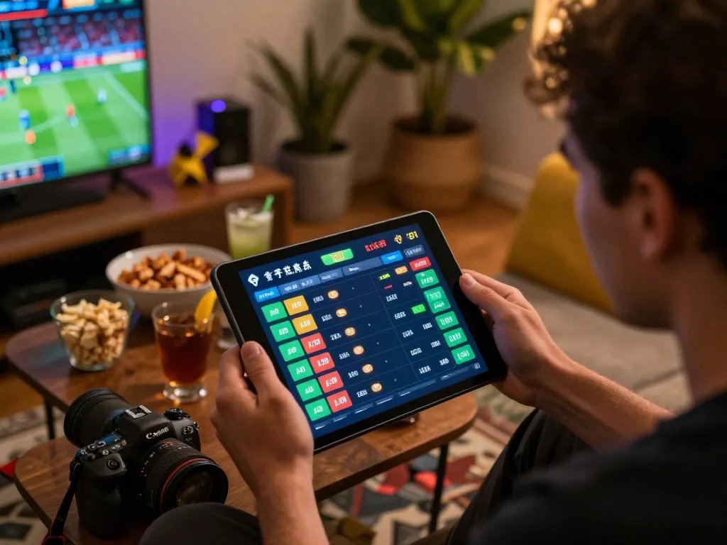 Bet on sports with lc88 through a tablet, showing live odds and betting options in a cozy setup.