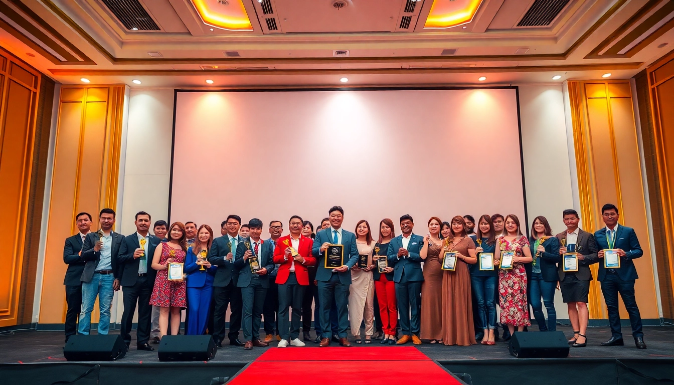 A diverse group of winners celebrating during the construction awards ceremony.