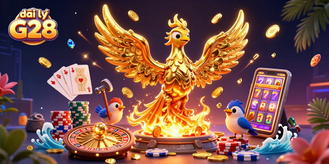 Join the exciting đại lý G28 action with a vibrant scene of a molten metal phoenix and casino game elements.