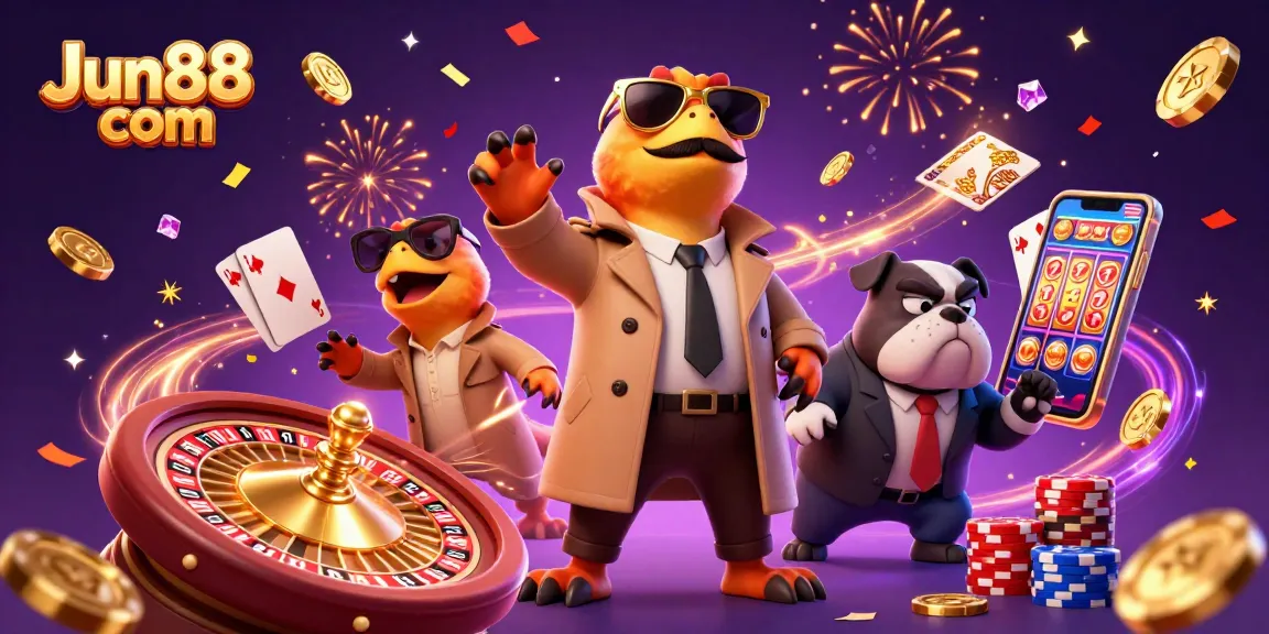 Experience thrilling gaming at Jun88 com with a dynamic casino scene featuring animated characters and vibrant elements.