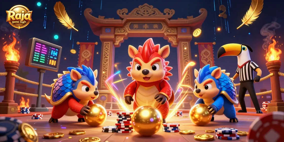 Experience Raja game login excitement with rival pangolins rolling through poker chips and dynamic gaming elements.