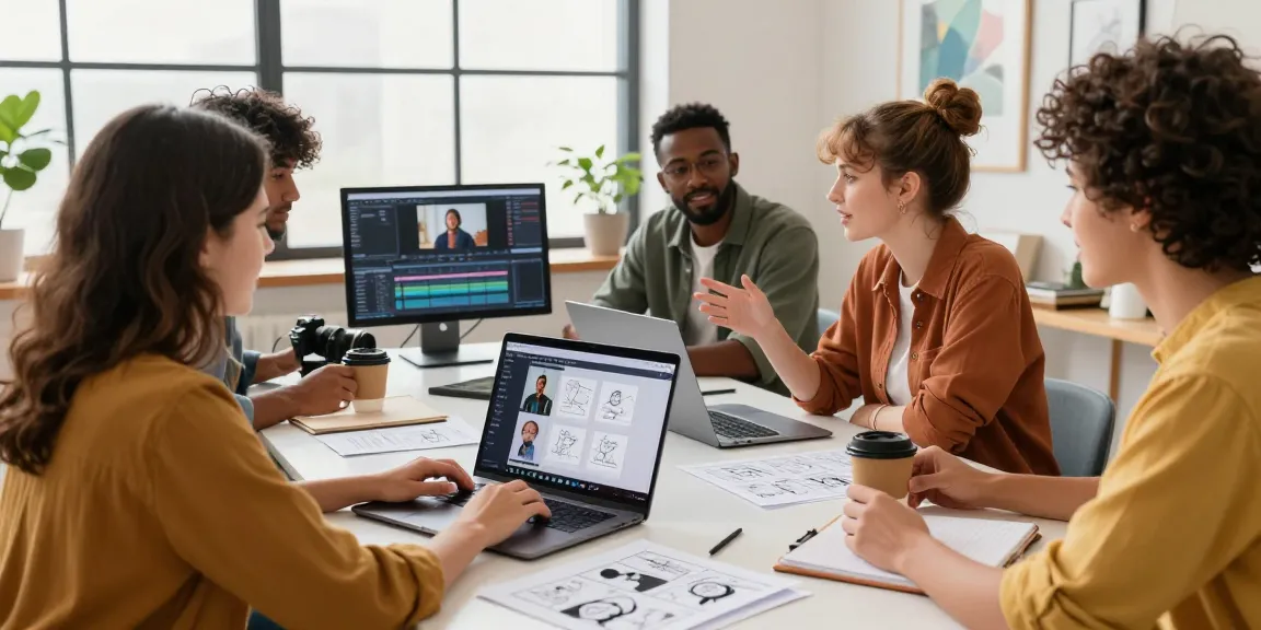 Content creators using Seedance AI in a collaborative studio environment, showcasing creativity and technology.