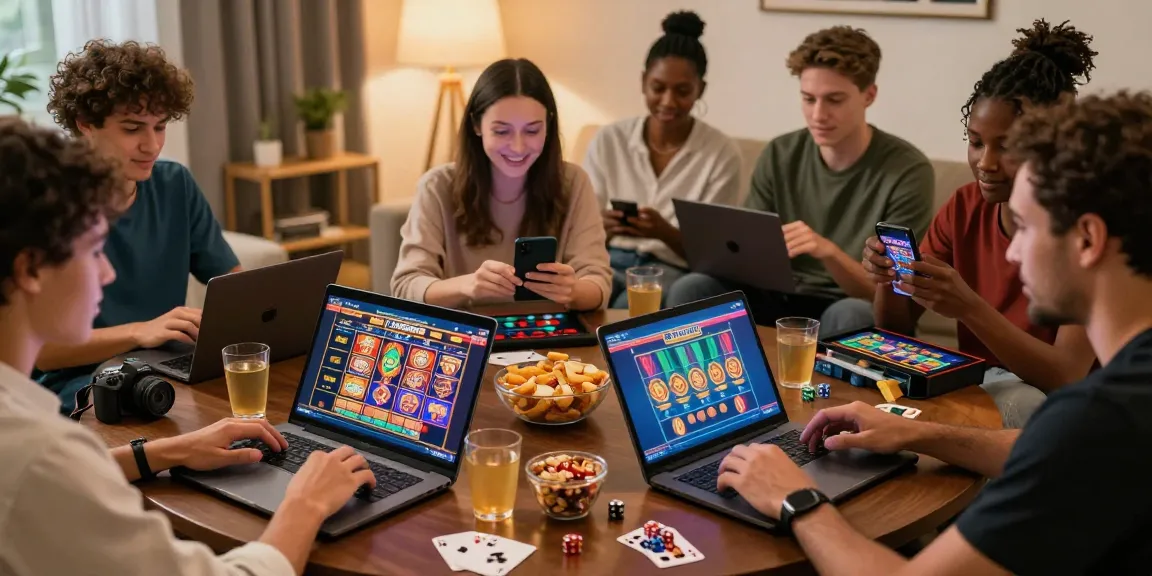Players enjoying gaming at casinos not on gamstop in a lively and colorful home setting.
