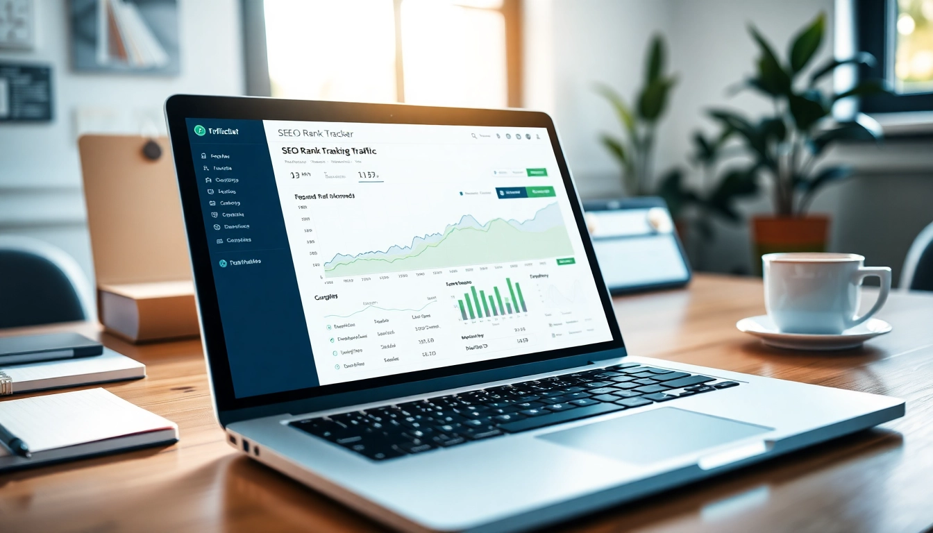 Analyze SEO Rank Tracker metrics on a modern desk with a laptop display.