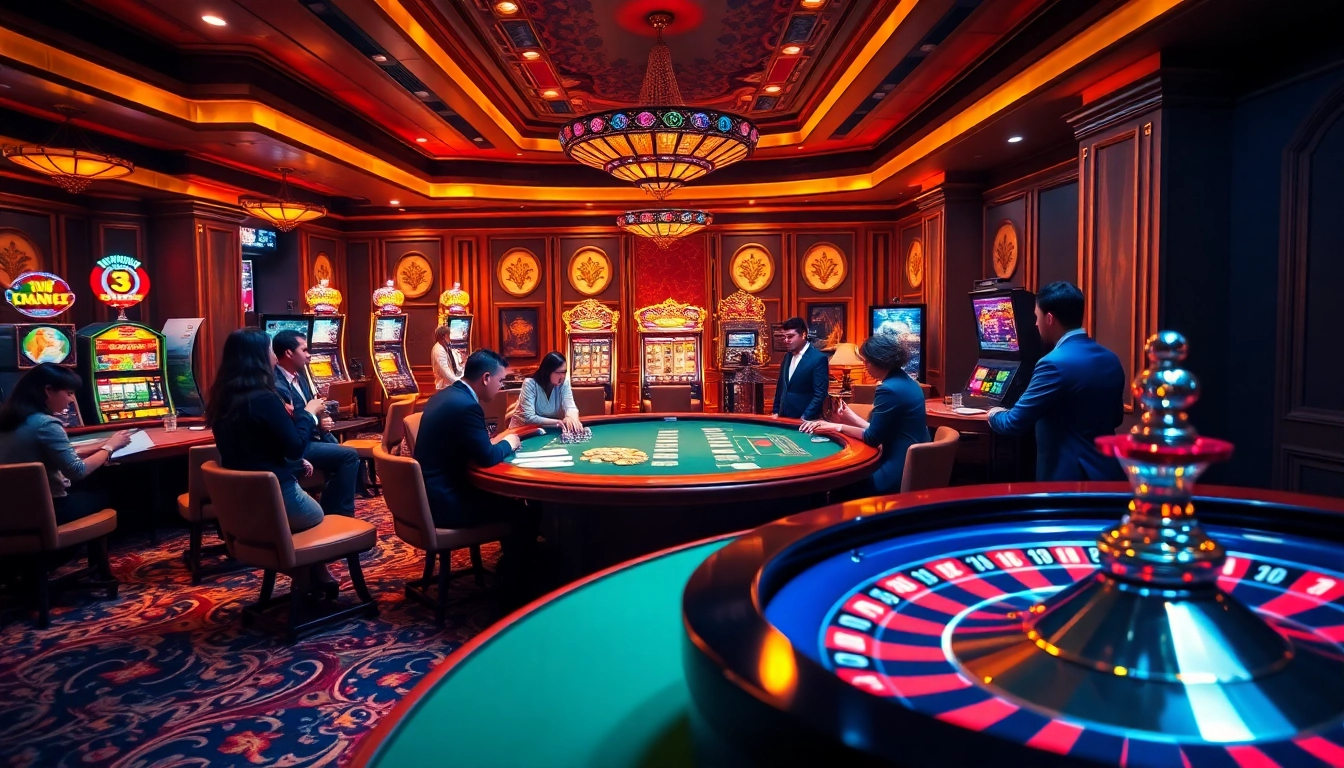 Cette image représente une scène de casino en ligne France luxueuse avec des joueurs à une table de poker, des machines à sous vibrantes et une roulette tournante, soulignant l'excitation et l'éléganc
