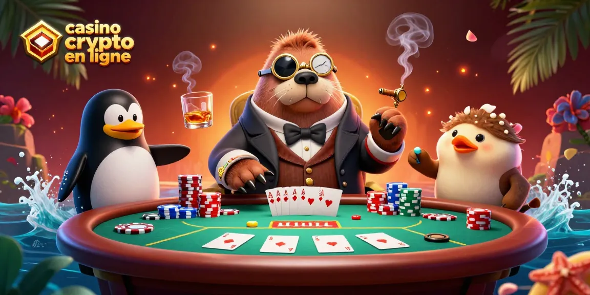 Jouez au casino crypto en ligne avec la joie du walrus et un dealer pingouin à une table de poker.
