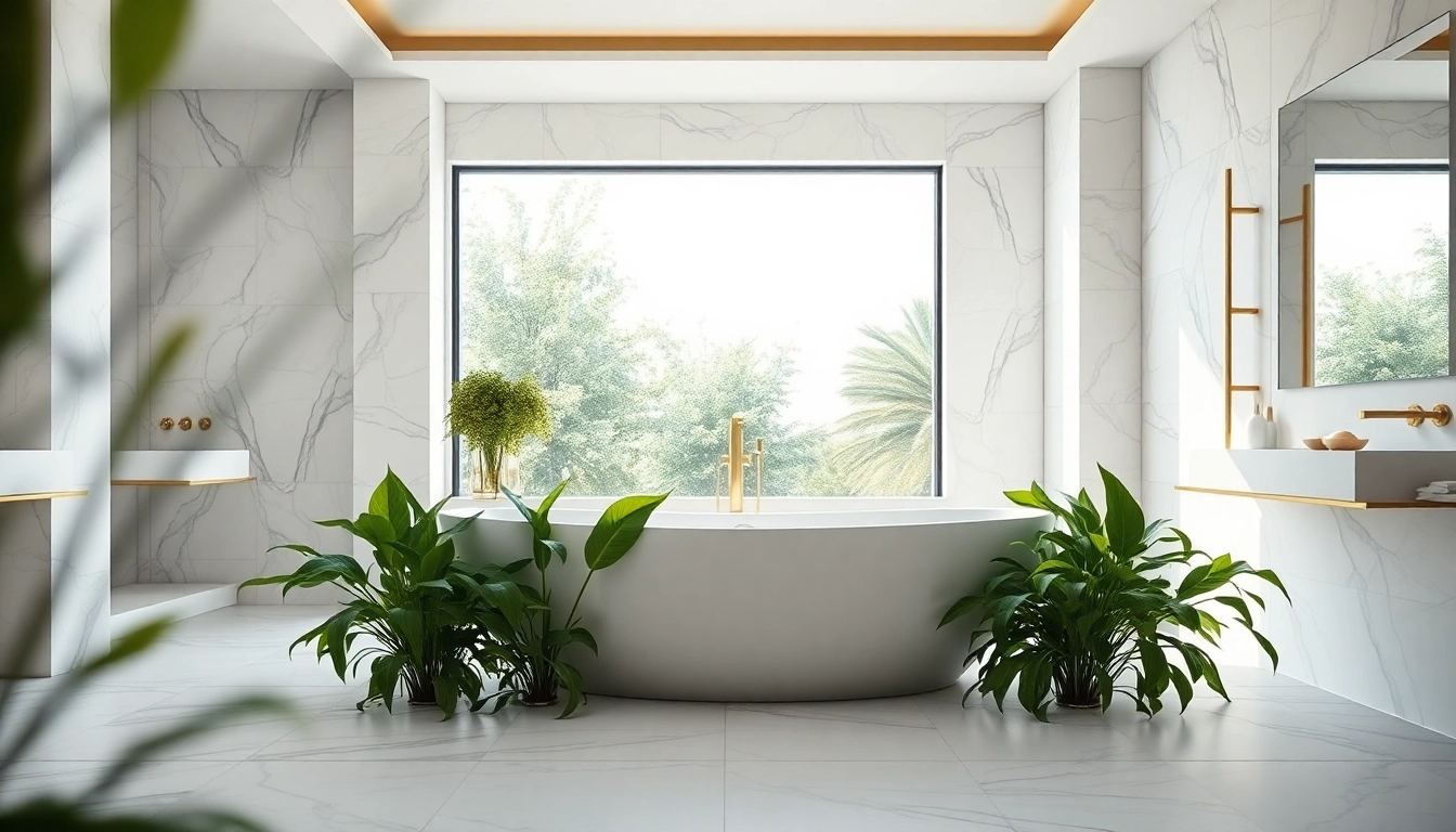 Transform your space with elegant bathrooms featuring a freestanding tub surrounded by nature.