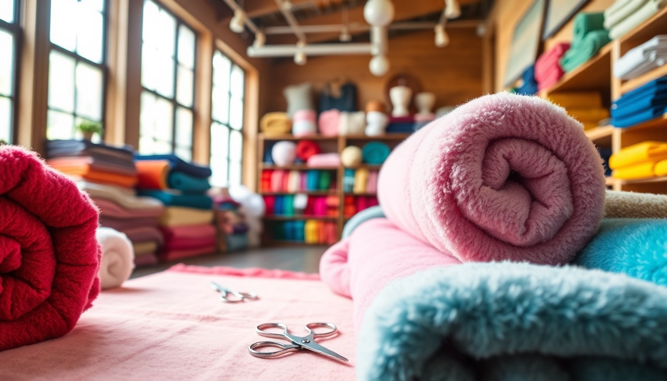 Fleece stoffen in verschillende kleuren en texturen in een inspirerende winkelomgeving.