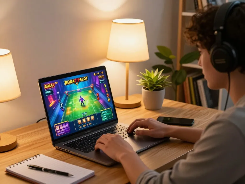 Engaging player spinning BUKA77 SLOT on a laptop at home, showcasing online gaming strategy.