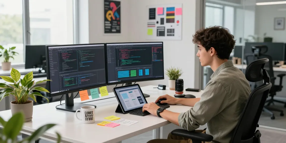 Developer using an ai prompt image generator in a vibrant tech workspace.