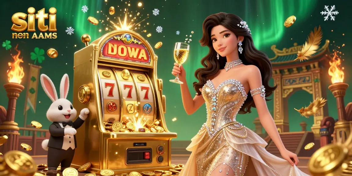 Vivi l'emozione nei siti casino non AAMS con una donna scintillante che brinda accanto a una macchina per jackpot.