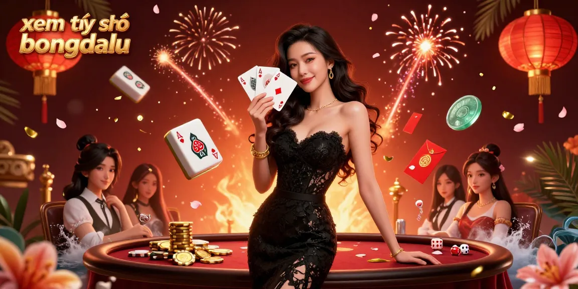 Experience xem tỷ số bongdalu with elegant Asian woman holding playing cards amidst casino excitement.