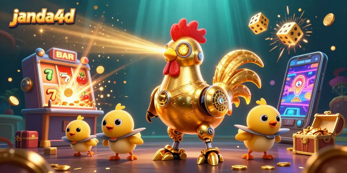 Menangkan jackpot di janda4d dengan robot ayam emas dan simbol keberuntungan.