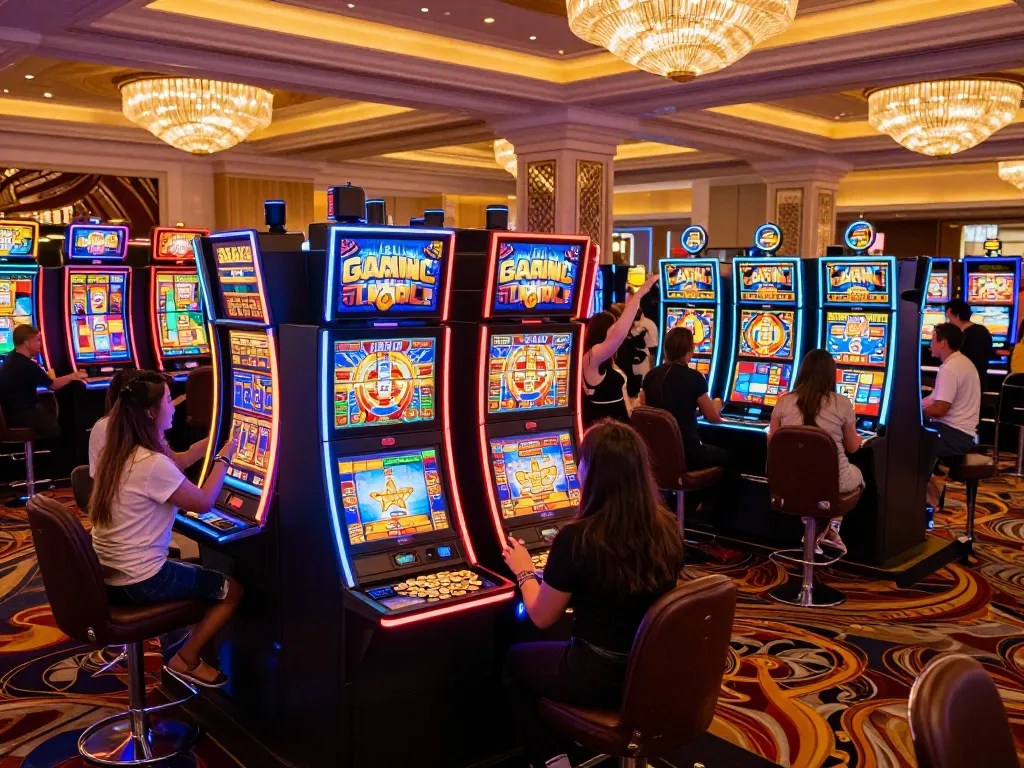 Experience the thrill of slot gacor gampang menang in an upscale casino filled with vibrant slot machines.