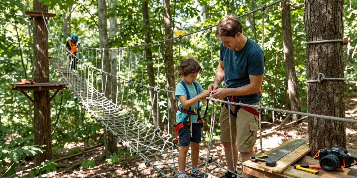 Rope Bridge design project with family collaborating in a forest