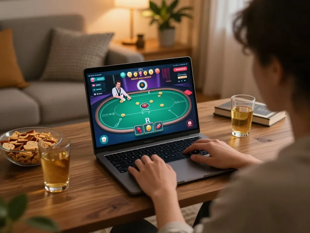 Engaging in online poker gaming while enjoying ดูหนังใหม่ on a cozy gaming setup with snacks and drinks nearby.