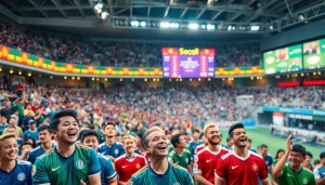 스포츠중계 장면에서 경기 관람을 즐기는 관중들의 모습