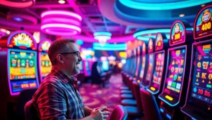 Bermain slot online dengan slot machine berwarna cerah di casino yang ramai.