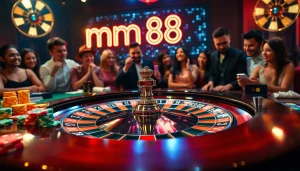 Players engaged at a casino roulette table celebrating big wins with mm 88 prominently featured.
