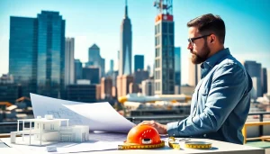 New York Construction Manager examining project blueprints at an urban construction site.
