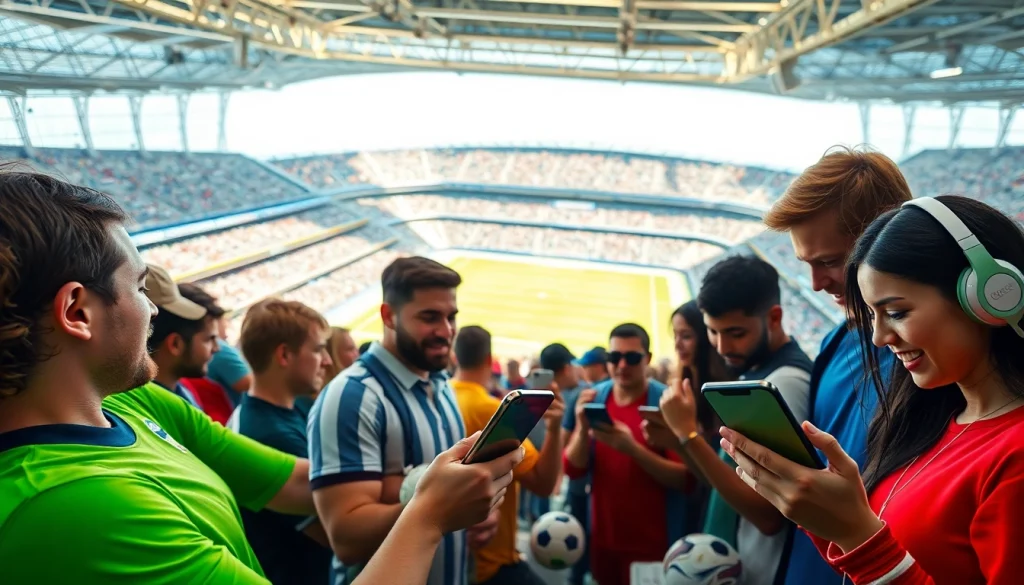 Engaged individuals using best sports betting sites India on their smartphones during a vibrant sports event.