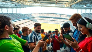 Engaged individuals using best sports betting sites India on their smartphones during a vibrant sports event.
