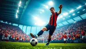 Koora football player energetically kicking a soccer ball in a packed stadium.