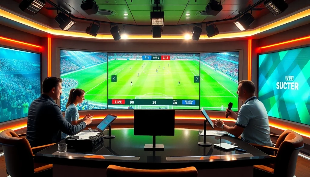해외축구중계를 위한 현대적인 농구 방송 세트의 생동감 넘치는 모습