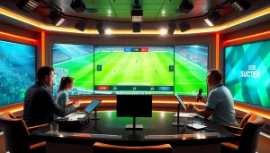 해외축구중계를 위한 현대적인 농구 방송 세트의 생동감 넘치는 모습